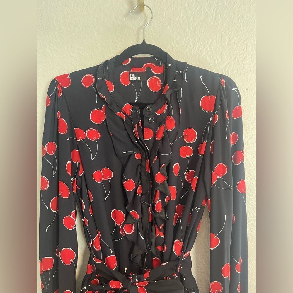 The Kooples red Cherry Print Black Mini Dress with ruffles Dark Romance NWT - Picture 7 of 13